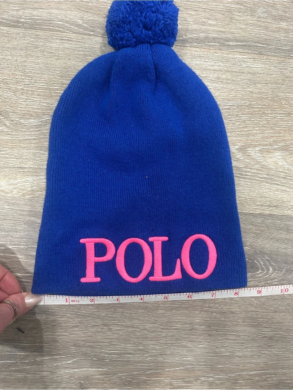 Polo by Ralph Lauren Royal Blue Knit Pom Beanie with Pink Logo